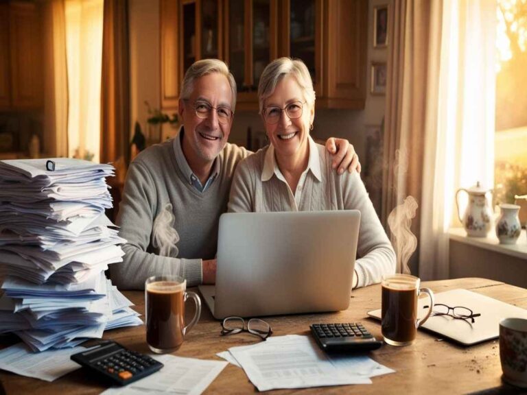 Middle-aged couple reviewing retirement plans with documents and laptop at hom